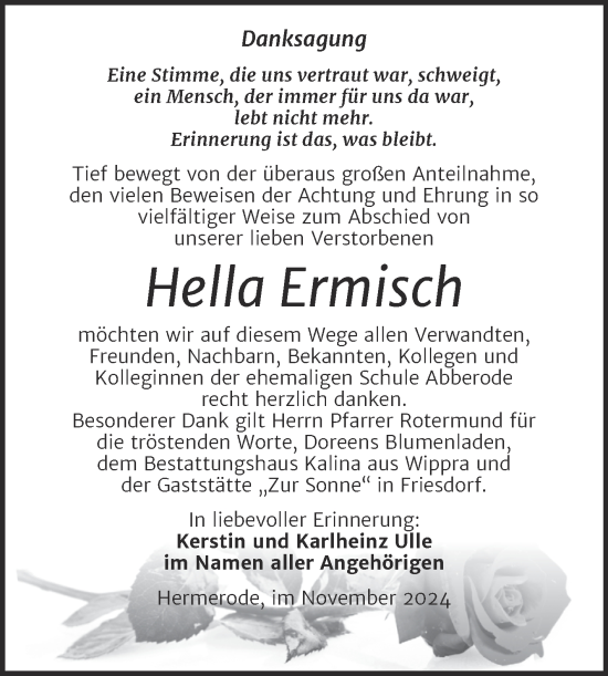 Traueranzeige von Hella Ermisch von Trauerkombi Mansfelder Land