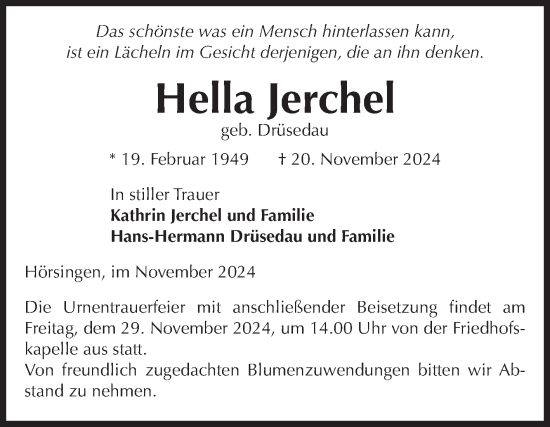 Traueranzeige von Hella Jerchel von Volksstimme Haldensleben/Wolmirstedt