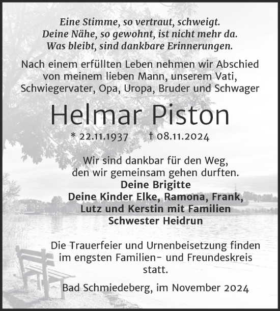 Traueranzeige von Helmar Piston von Trauerkombi Wittenberg
