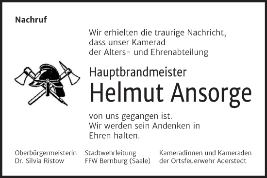 Traueranzeige von Helmut Ansorge von Super Sonntag Bernburg