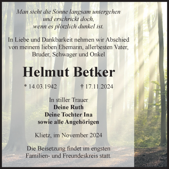 Traueranzeige von Helmut Betker von Volksstimme Altmark Ost