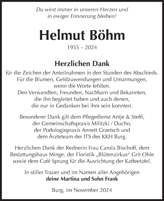 Traueranzeige von Helmut Böhm von Volksstimme Burg/Genthin