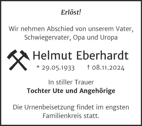 Traueranzeige von Helmut Eberhardt von Trauerkombi Zeitz
