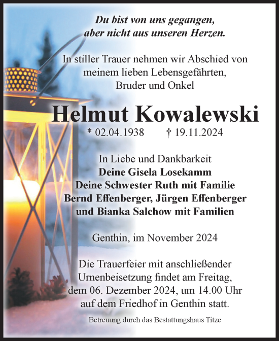 Traueranzeige von Helmut Kowalewski von Volksstimme Burg/Genthin