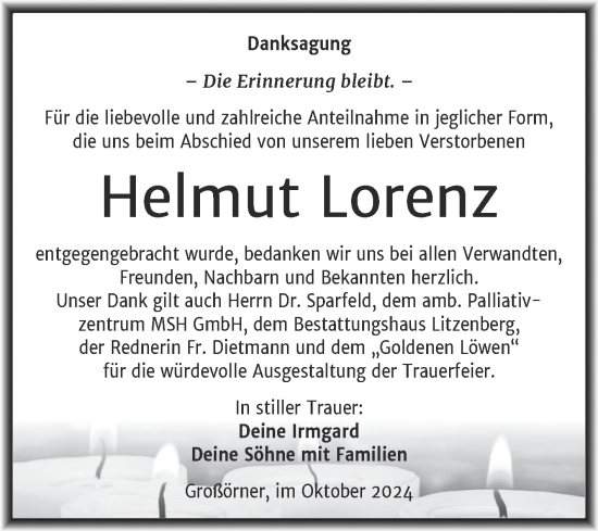 Traueranzeige von Helmut Lorenz von Trauerkombi Mansfelder Land