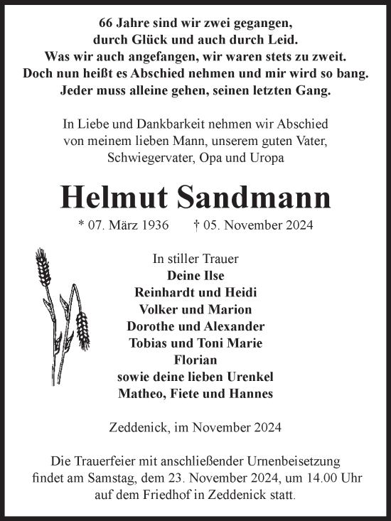 Traueranzeige von Helmut Sandmann von Volksstimme Burg/Genthin