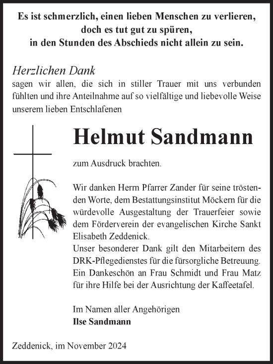 Traueranzeige von Helmut Sandmann von Volksstimme Burg/Genthin