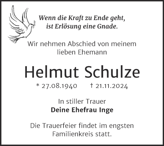 Traueranzeige von Helmut Schulze von Trauerkombi Dessau