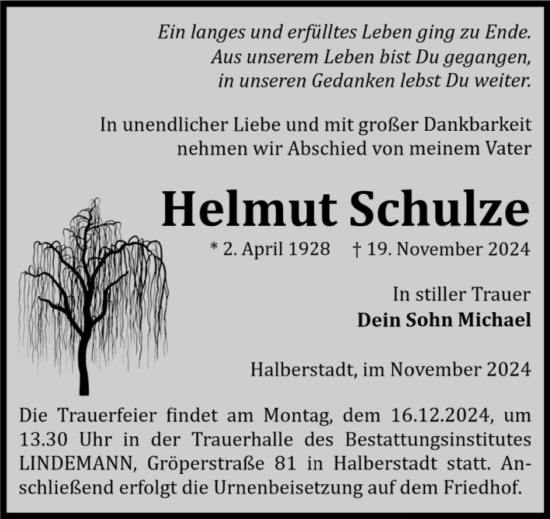 Traueranzeige von Helmut Schulze von Volksstimme Halberstadt