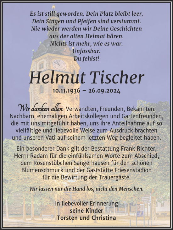 Traueranzeige von Helmut Tischer von Trauerkombi Sangerhausen