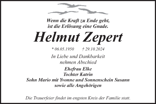 Traueranzeige von Helmut Zepert von Trauerkombi Dessau
