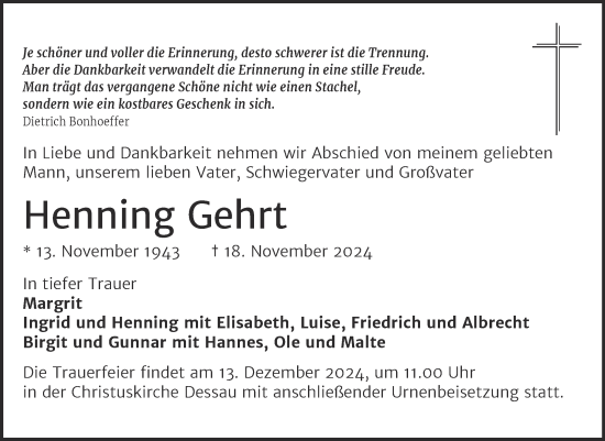 Traueranzeige von Henning Gehrt von Trauerkombi Dessau