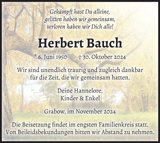 Traueranzeige von Herbert Bauch von Volksstimme Burg/Genthin