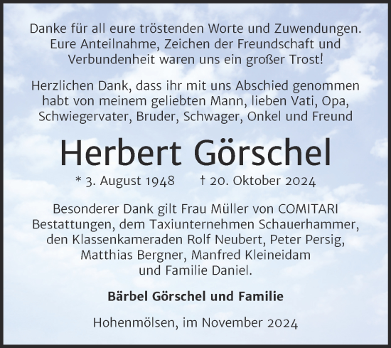 Traueranzeige von Herbert Görschel von Trauerkombi Weißenfels