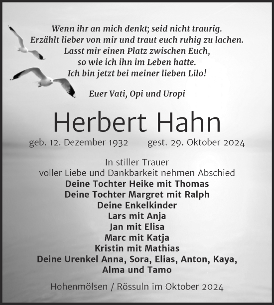 Traueranzeige von Herbert Hahn von Trauerkombi Weißenfels