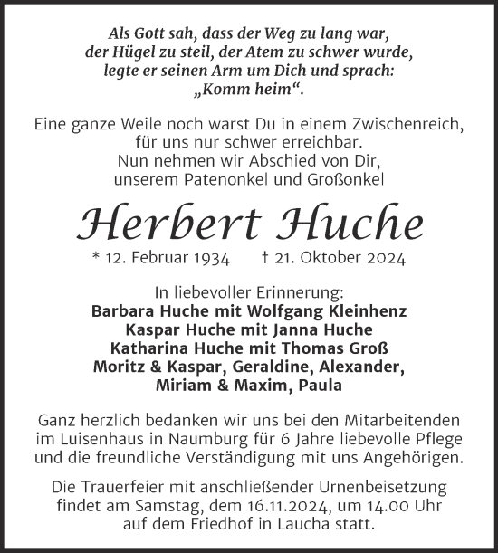 Traueranzeige von Herbert Huche von Super Sonntag Naumburg/Nebra