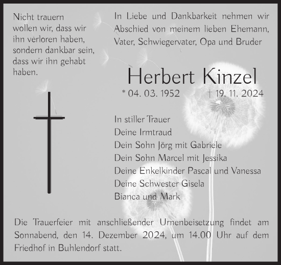 Traueranzeige von Herbert Kinzel von Volksstimme Zerbst
