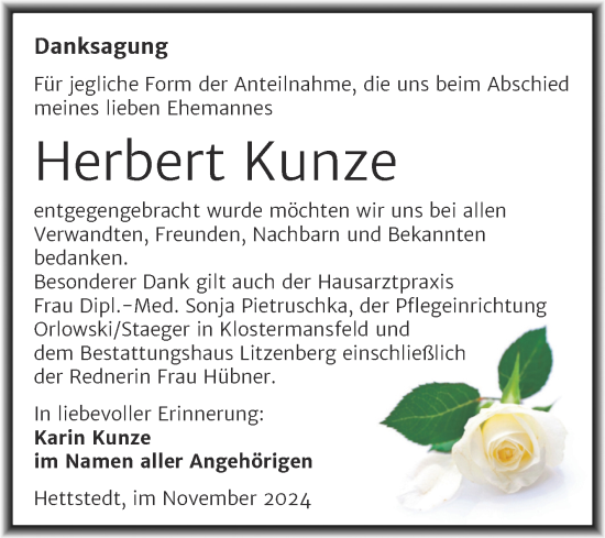 Traueranzeige von Herbert Kunze von Trauerkombi Mansfelder Land