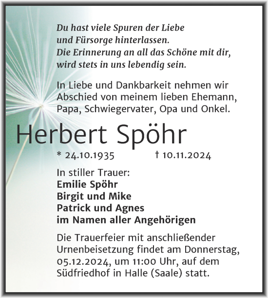 Traueranzeige von Herbert Spöhr von Mitteldeutsche Zeitung Halle/Saalkreis
