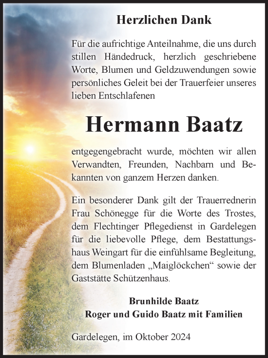 Traueranzeige von Hermann Baatz von Volksstimme Altmark West