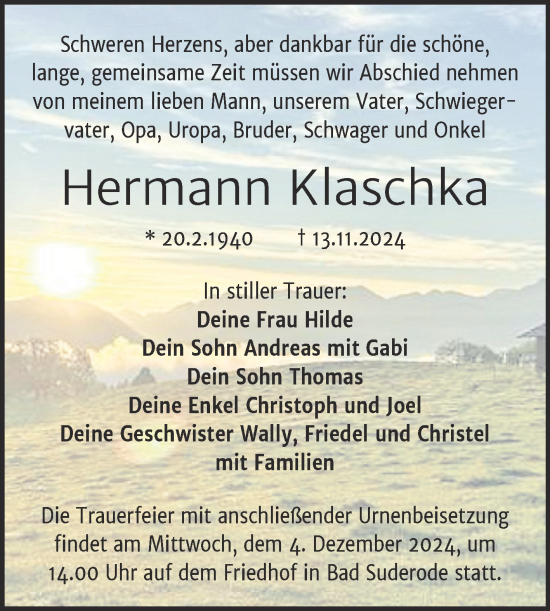 Traueranzeige von Hermann Klaschka von Trauerkombi Quedlinburg