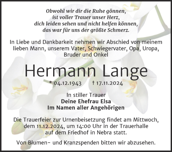 Traueranzeige von Hermann Lange von Naumburger Tageblatt