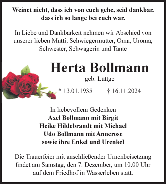 Traueranzeige von Herta Bollmann von Volksstimme Wernigerode