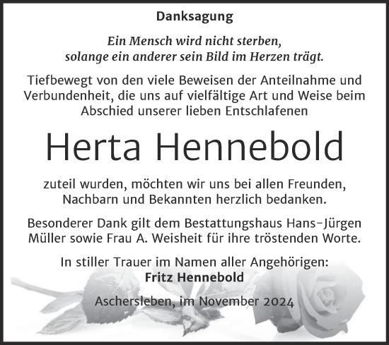 Traueranzeige von Herta Hennebold von Trauerkombi Aschersleben