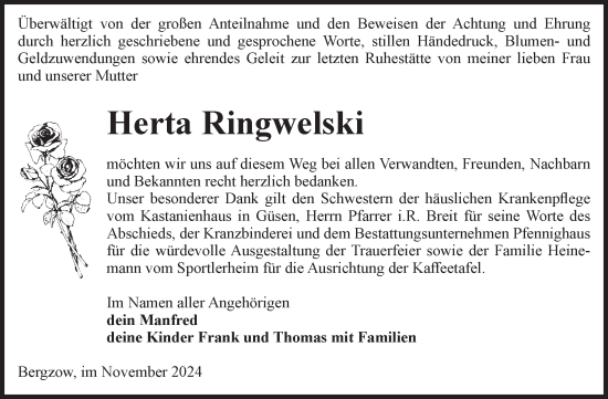 Traueranzeige von Herta Ringwelski von Volksstimme Burg/Genthin