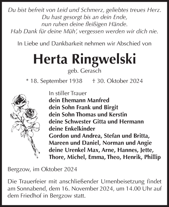 Traueranzeige von Herta Ringwelski von Volksstimme Burg/Genthin