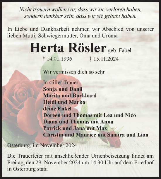 Traueranzeige von Herta Rösler von Volksstimme Altmark Ost