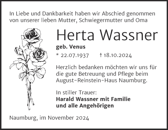 Traueranzeige von Herta Wassner von Naumburger Tageblatt