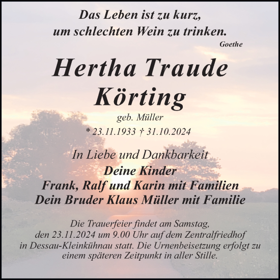 Traueranzeige von Hertha Traude Körting von Trauerkombi Dessau