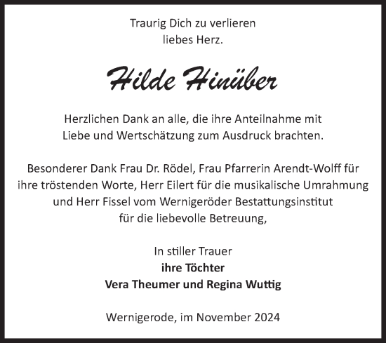 Traueranzeige von Hilde Hinüber von Volksstimme Wernigerode