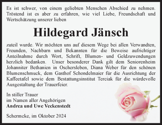 Traueranzeige von Hildegard Jänsch von Volksstimme Oschersleben/Wanzleben