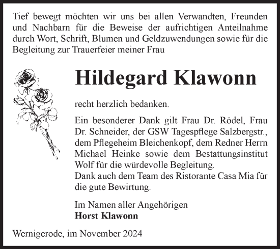 Traueranzeige von Hildegard Klawonn von Volksstimme Wernigerode