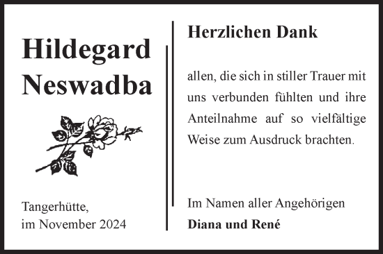 Traueranzeige von Hildegard Neswadba von Volksstimme Altmark Ost