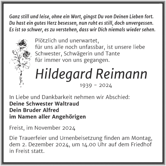 Traueranzeige von Hildegard Reimann von Trauerkombi Mansfelder Land