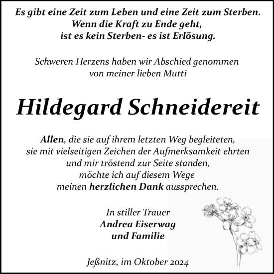 Traueranzeige von Hildegard Schneidereit von Trauerkombi Bitterfeld