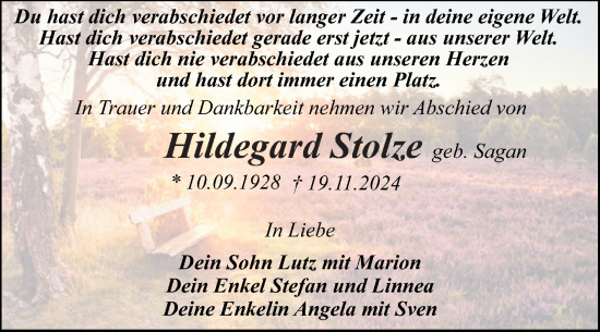 Traueranzeige von Hildegard Stolze von Trauerkombi Dessau