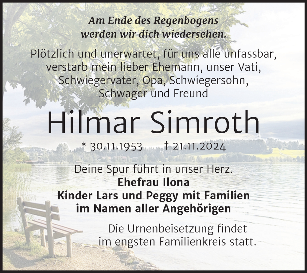  Traueranzeige für Hilmar Simroth vom 30.11.2024 aus Trauerkombi Bernburg