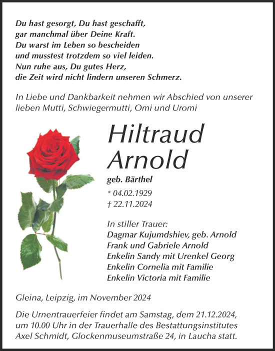 Traueranzeige von Hiltraud Arnold von Naumburger Tageblatt