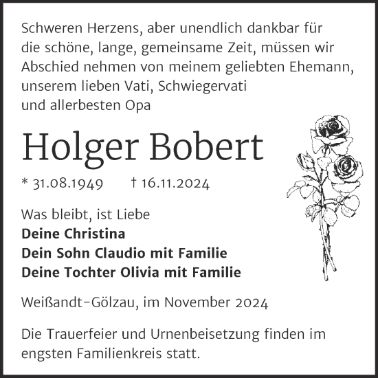 Traueranzeige von Holger Bobert von Trauerkombi Köthen
