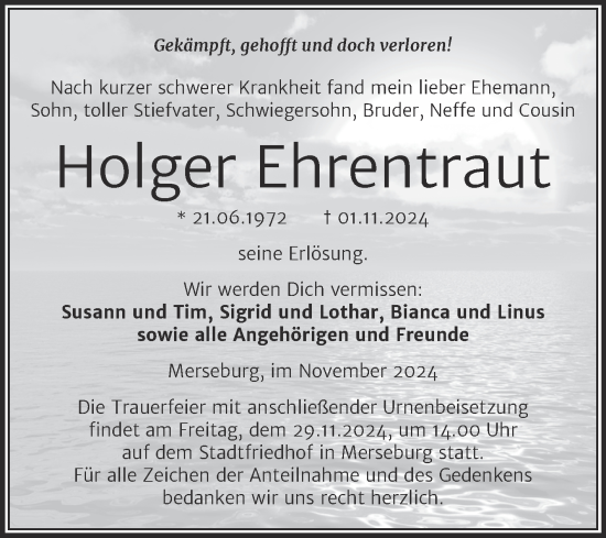 Traueranzeige von Holger Ehrentraut von Trauerkombi Mansfelder Land