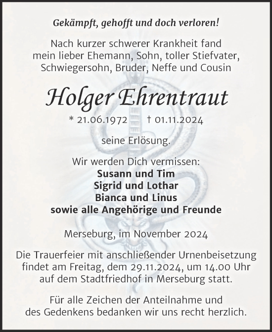 Traueranzeige von Holger Ehrentraut von Trauerkombi Merseburg