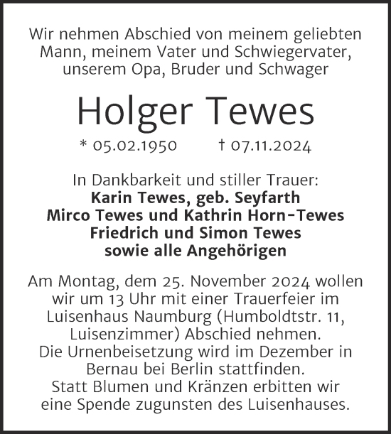 Traueranzeige von Holger Tewes von Naumburger Tageblatt