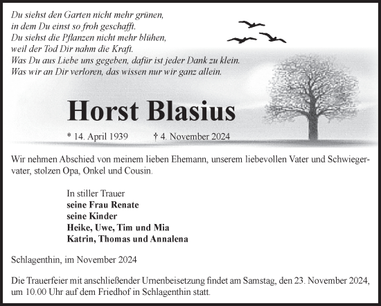 Traueranzeige von Horst Blasius von Volksstimme Burg/Genthin
