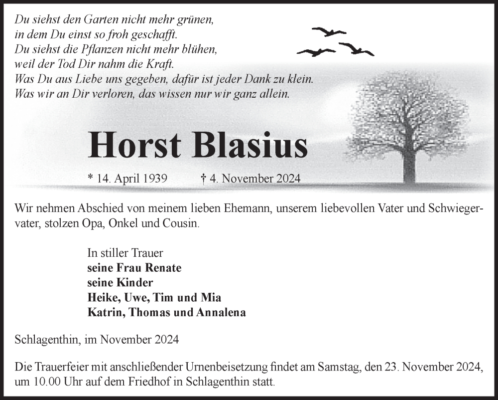  Traueranzeige für Horst Blasius vom 09.11.2024 aus Volksstimme Burg/Genthin
