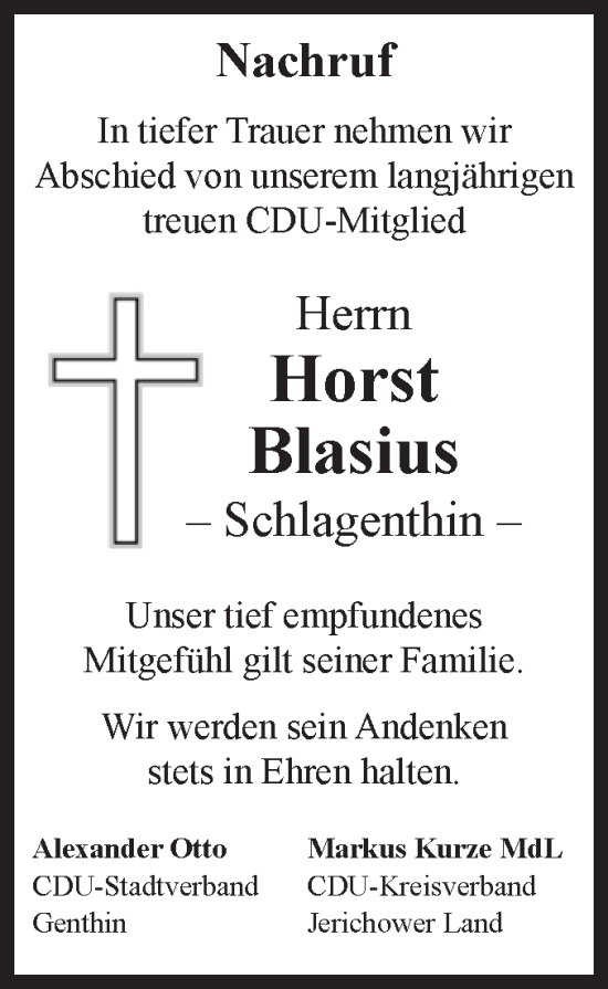 Traueranzeige von Horst Blasius von Volksstimme Burg/Genthin