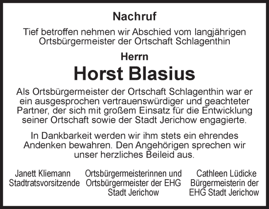 Traueranzeige von Horst Blasius von Volksstimme Burg/Genthin